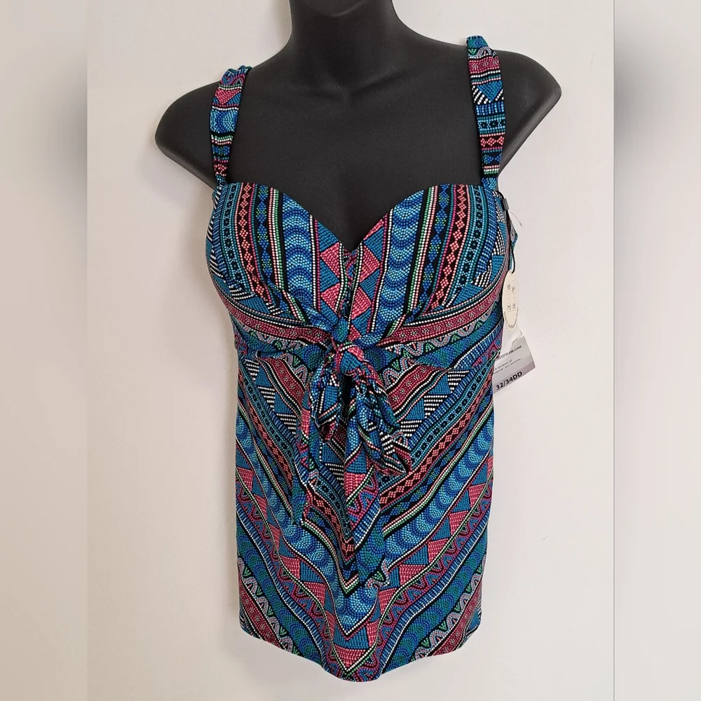COCO Reef Santa Cruz Multicolor Geometric Tankini Top NWT Misses Size 32/34DD - Picture 3 of 8
